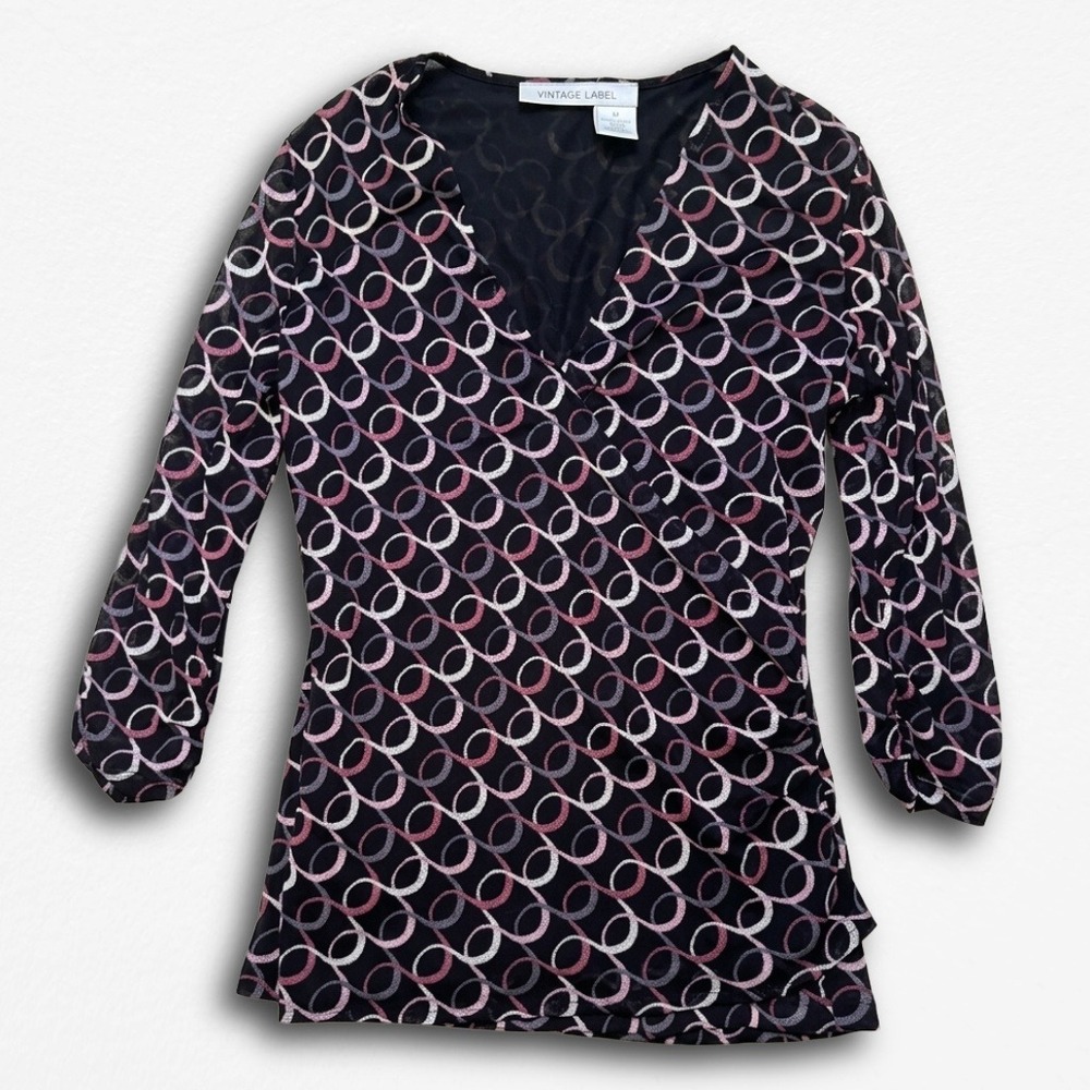 Vintage Womens Mesh Geometric‎ Chain Link V-Neck 3/4 Sleeve Blouse Pink M